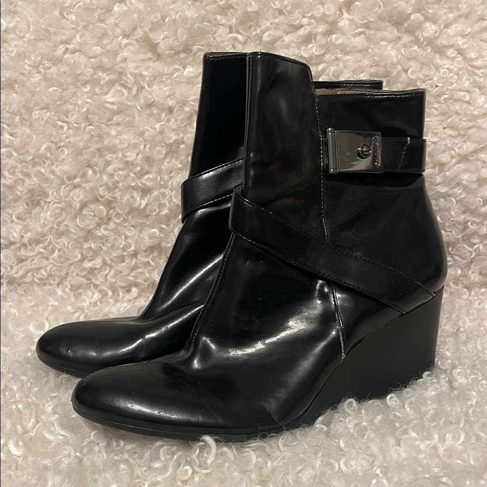 Calvin Klein Black Leather Wedge Ankle Boots